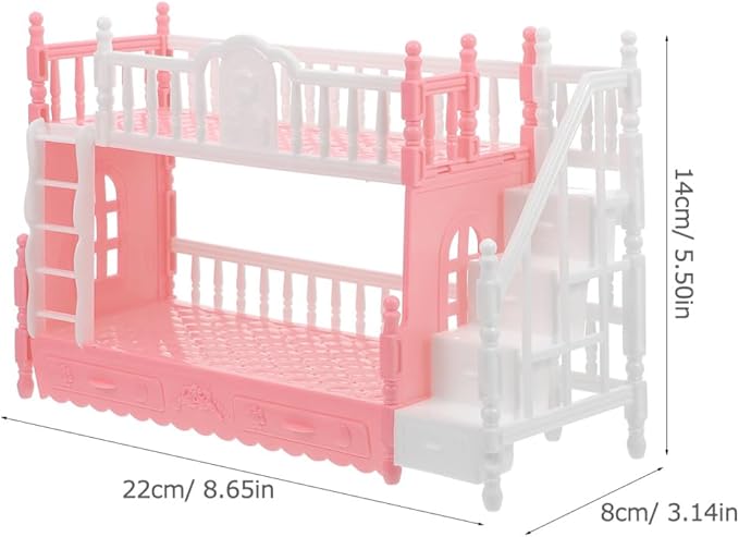 Miniature Bunk Bed Model with Ladder for 16cm Dolls, Dollhouse Bedroom Furniture, Pink, 8.66 X 5.51 X 3.14 Inches, Abs Material, Space-Saving Design for Mini House Decoration