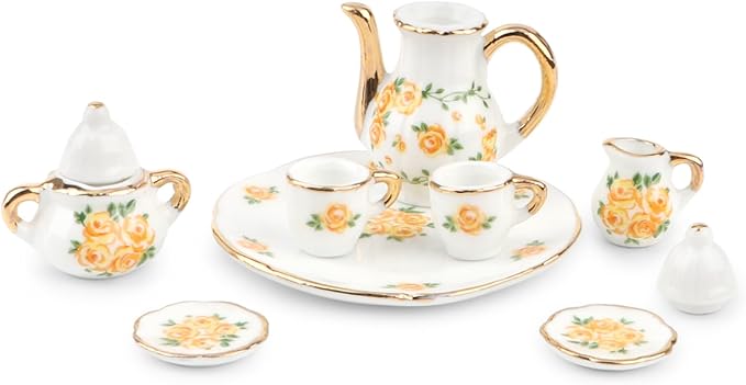 Dollhouse 1:6 Porcelain Tea Cup Sets 8 Pcs Set Miniature Ceramics Dollhouse Accessories Flower Pattern Teapot Platter Dish Sets Dollhouse Kitchen Supplies Decoration (Yellow)
