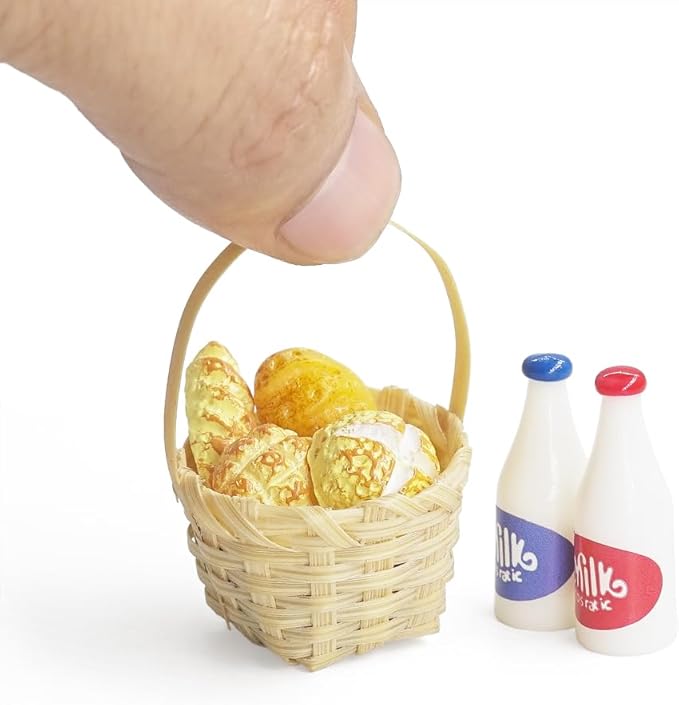 Odoria Dollhouse Bread and Milk Miniature: 1/12 Scale Baking Breakfast Wicker Basket Fairy Garden - Mini Farm Country Rustic Kitchen - Tiny Resin Food Realistic Props for Craft DIY