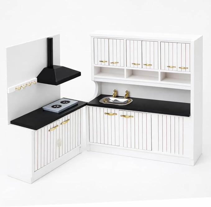 Doll House Kitchen Cabinet - 1/12 Scale Miniature Mini Table with Stove Sink Cabinet, Mini Wooden Dining Room Furniture Accessories, Decoration for Dollhouse Accessory
