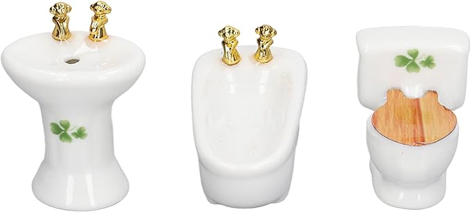 shenruifa 3Pcs Dollhouse Miniature Bathroom Set, 1:24 Ceramic Simulation Bathtub Toilet Sink Dollhouse Bathroom Furniture (4 Leaf)