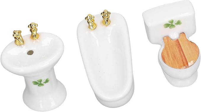 shenruifa 3Pcs Dollhouse Miniature Bathroom Set, 1:24 Ceramic Simulation Bathtub Toilet Sink Dollhouse Bathroom Furniture (4 Leaf)