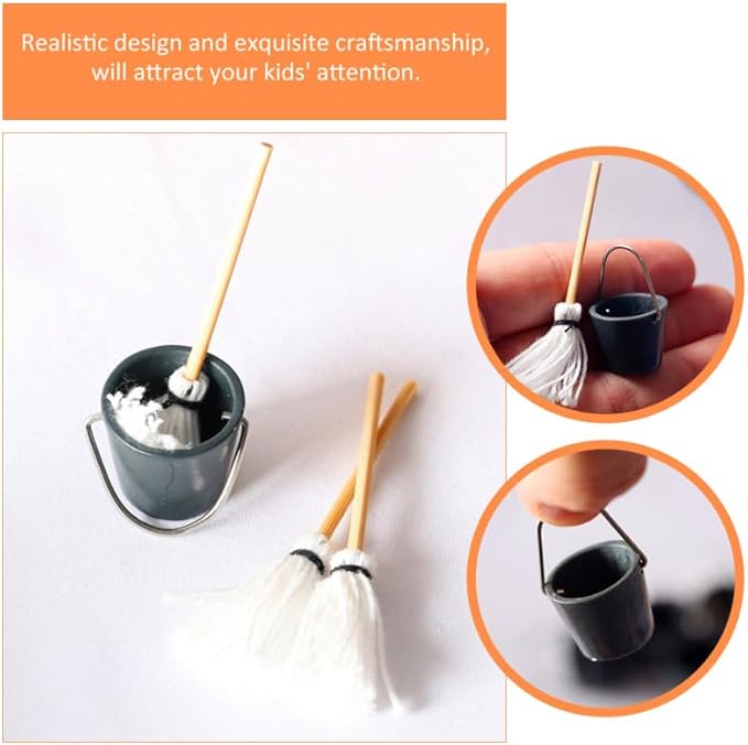 Kisangel 16sets Miniature Mop with Bucket, 1:12 Scale Mini Cleaning Tools for Dollhouses Furniture Landscapes Decoration