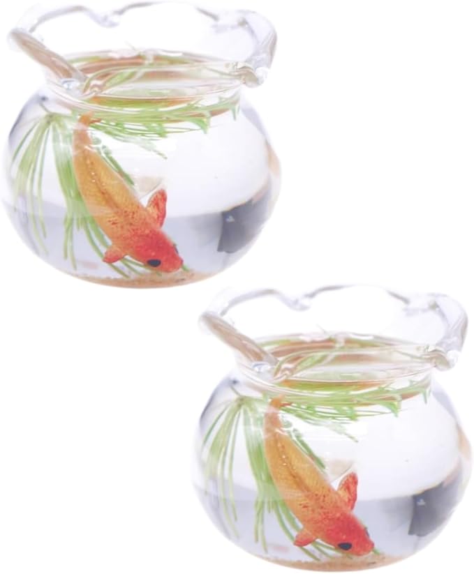 2Pcs Multicolour Mini Round Fish Tank Realistic Glass Decor for Dollhouse Display Captivating Miniature for Crafts Ornaments Handmade Landscape,Miniature Goldfish Bowls,Dollhouse Accessories(Gold)