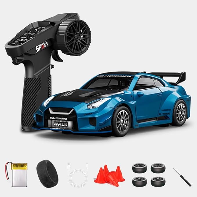 1:43 RC Drift Car D43-02 - 2.4G Full Proportional 4WD Alloy 20KM/H High Speed RC Racing Car with Gyro, Silent Bearings, Adjustable Speed & Lighting(Q7/Metallic Blue/D43-02)