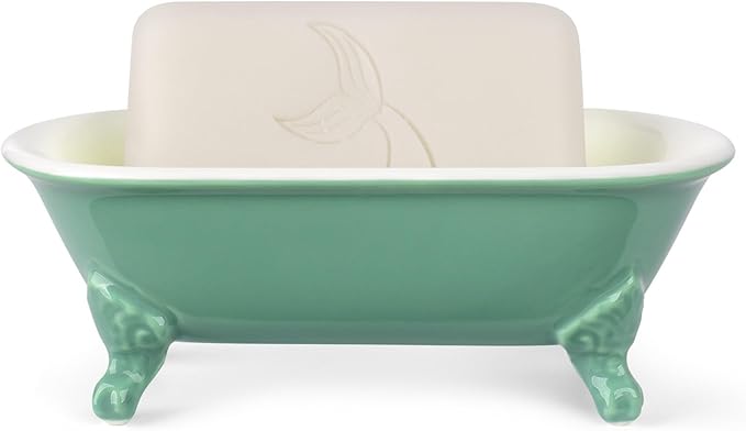 NEWHENGS 6.5" Ceramic Mini Decorative Clawfoot Bathtub Bar Soap Dish, Kitchen Sponge Holder and Shower Tray for Bathroom, 1 Pack(Mermaid)