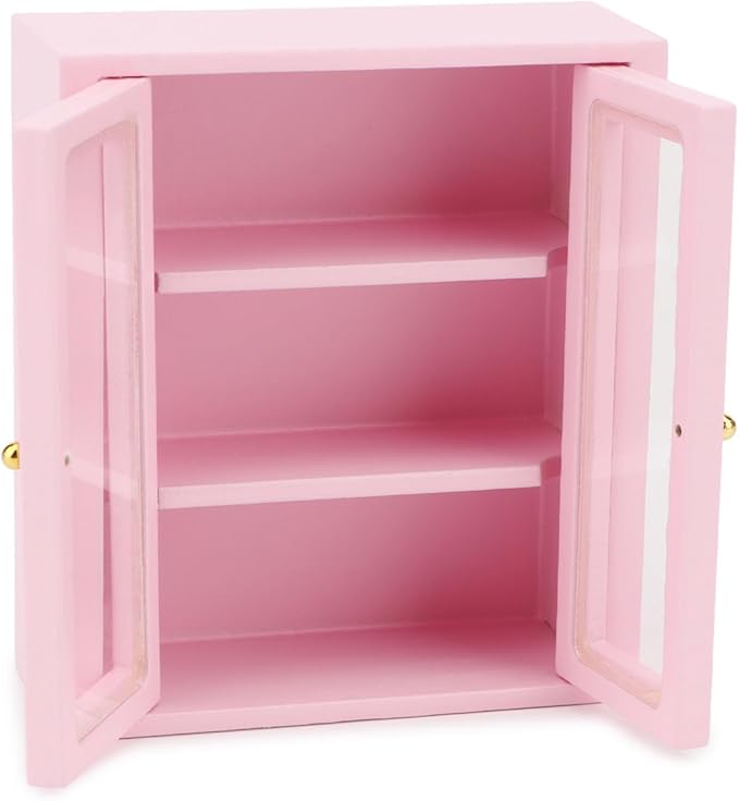 Dollhouse Wall Cabinet Wooden Miniature Cupboard 1:12 Scale Kitchen Furniture Dollhouse Hanging Cabinet Display Shelf Household Accessories Decor for Bathroom Living Room (Pink)