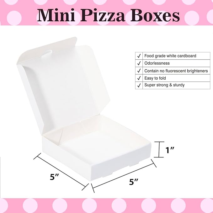Huoshange 5 Inch Thin Mini Pizza Boxes,100 Pack Small White Pizza Boxes for Cookie,Mini Pies, Party Favors and Crafts(5x5x1 Inches)