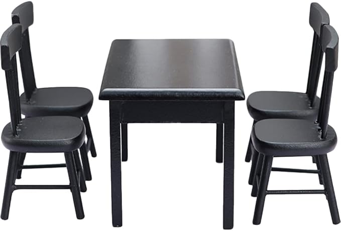 Black Chairs 5Pcs Miniature Table and Chairs, Mini Dining Table Set for 4, Doll House Black Wooden Miniature Furniture and Accessories Furniture