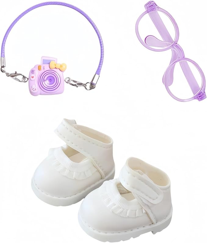 3 Pieces Doll Clothes Set Accessories, Mini Doll Lace-Up Shoes Glasses Camera Decoration for 17cm Dolls, Mini Finger Shoes, Cute Outfit Clothing Accessory for 1st/2nd/3rd Gen Monsters Doll