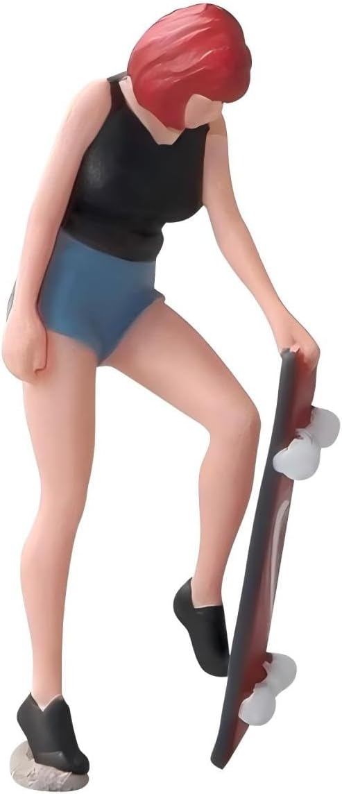 1:64 Scale Hand-Painted Resin Red-haired Skateboard Girl - HO Compatible Diorama Model for Train Scenes, Architectural Displays, Collectors & Hobbyists