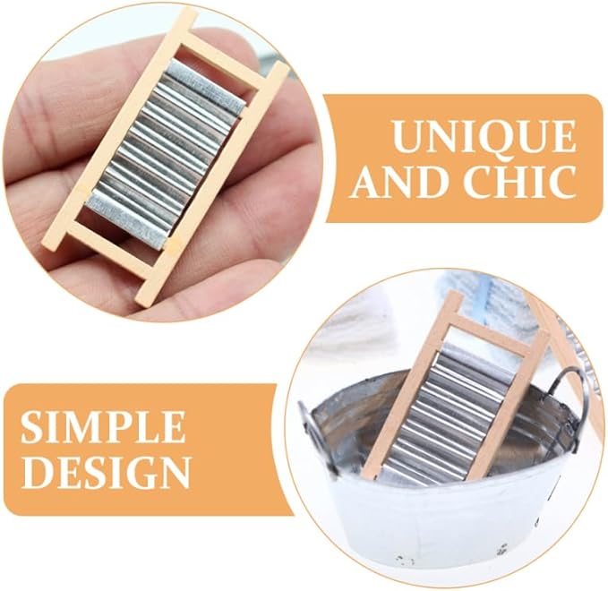 BESPORTBLE Mini Tinplate Basin Set of 2 Dollhouse Accessories Silver Iron Miniature Washboard for 1 12 Scale Doll House Bathroom Decor