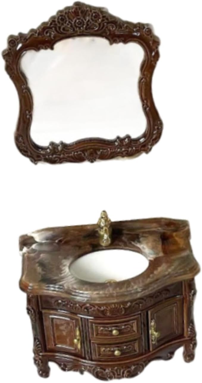 Luwecf 2 Pieces 1:12 Dollhouse Sink Cabinet Scene Model Ornament Bathroom Furniture Accessories Classic Mini Bathroom Washbasin Set, Brown