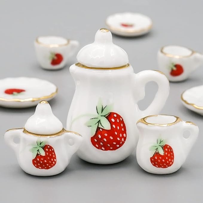 Odoria 1/12 Miniature Porcelain Tea Set 15Pcs Dollhouse Decoration Accessories, Strawberry
