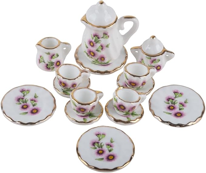 NW 1 Set 15 Pieces 1:12 Ceramics Tea Cup Set Lovely Dollhouse Decoration Set Dollhouse Kitchen Accessories(#12)