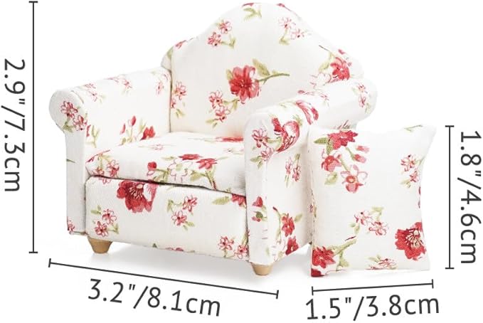 Odoria Dollhouse Armchair Sofa Miniature - 1/12 Scale Accent Chair for Vintage Country Living Room - Mini Club Lounge Chair Wood Furniture Upholstered Floral Red