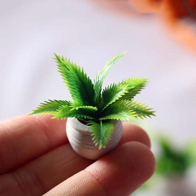 1:12 Scale Mini Potted Plants - Resin Botanical Decor for Dollhouse Kitchens and Living Rooms, Evergreen DIY Craft Accessories with Lifelike Foliage