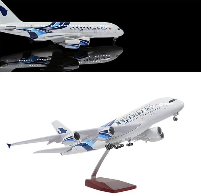 24-Hours 18" 1/160 Scale Airplane Desk Model Malaysia A380 Model Plane Collection with LED Light(Touch or Sound Control) Wood Stand & Gear Reg