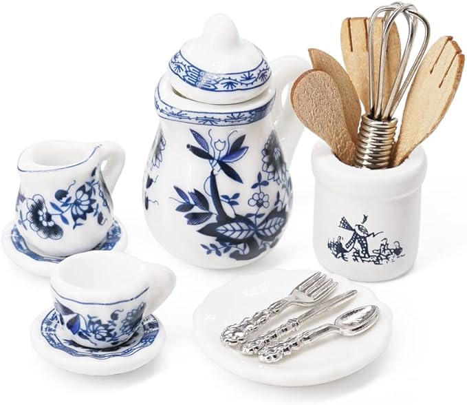 Odoria 1/12 Miniature Porcelain Tea Set Plates and Silverware Kitchen Utensils Dollhouse Accessories, Blue Lotus
