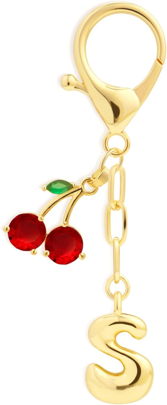 Fohufo Initial Keychains for Women - Cute Cherry Bag Charms Purse, 14K Gold Plated Keychain Accessories, Birthday Gifts