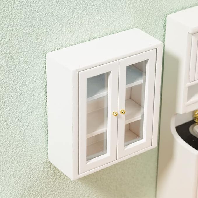 Dollhouse Wall Cabinet Wooden Miniature Cupboard 1:12 Scale Kitchen Furniture Dollhouse Hanging Cabinet Display Shelf Household Accessories Decor for Bathroom Living Room (White)