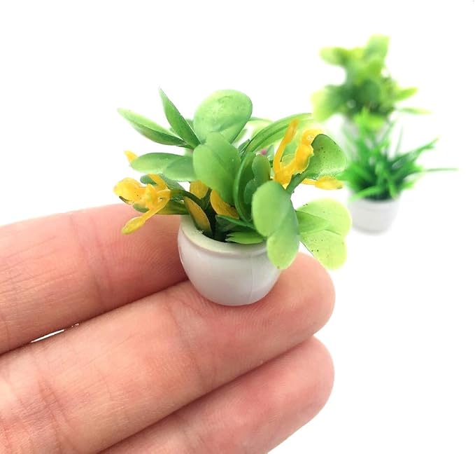 4 Pcs Miniature Potted Plant Set – 1:12 Scale Dollhouse Decoration, Green Bonsai Models with Different Flower Pots, Mini Plants for Desk, Fairy Garden Accessories & DIY Micro Landscape Decor.