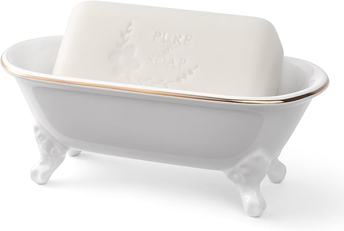 NEWHENGS 6.5" Ceramic Mini Decorative Clawfoot Bathtub Bar Soap Dish, Kitchen Sponge Holder and Shower Tray for Bathroom, 1 Pack (White Gold Rim)