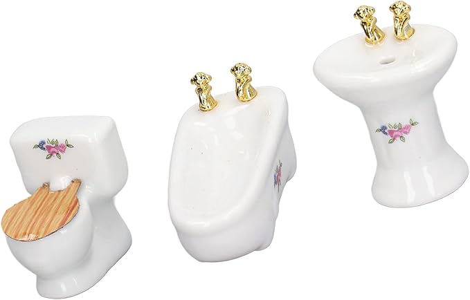 1:24 Dollhouse Miniature Bathroom Set, Ceramic Simulation Bathtub Toilet Sink, Miniature Furniture, Mini Ceramic Bathroom Furniture Set for Dollhouse Restroom Decoration (Flower Pattern)