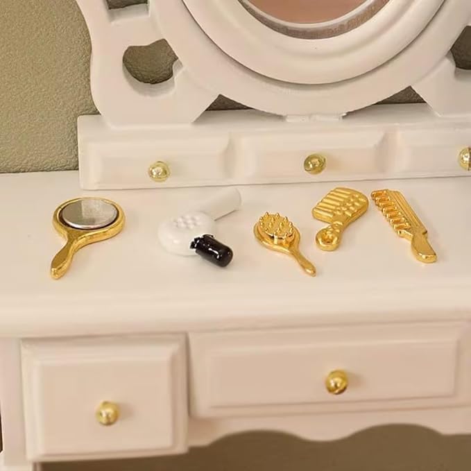 Miniature Comb and Hair Dryer Set for Dollhouses, 4Pcs Mini Bathroom Accessories, Mirror and Makeup Decor for Dollhouse Displays