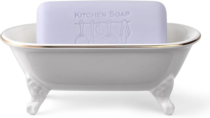 NEWHENGS 6.5" Ceramic Mini Decorative Clawfoot Bathtub Bar Soap Dish, Kitchen Sponge Holder and Shower Tray for Bathroom, 1 Pack (White Gold Rim)