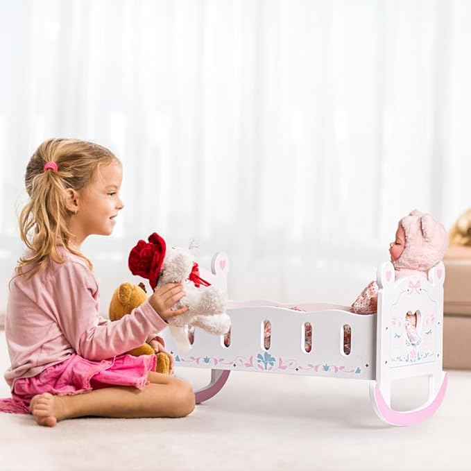 ROBOTIME Baby Doll Crib, Doll Bed for 18–24 Inch Dolls, Wooden Doll Cradle with Mattress, Pillow & Quilt, Pretend Play Doll Furniture Gift for Girls & Boys Ages 3+
