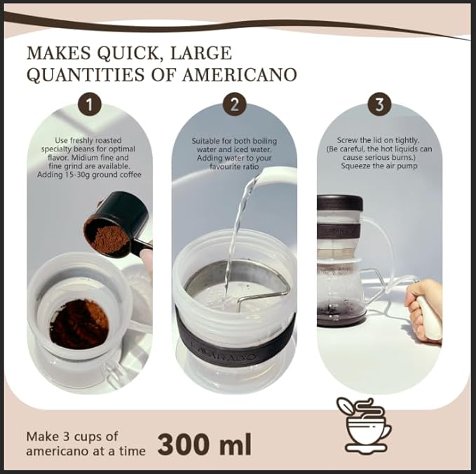lavarado Air Pressure Coffee Maker, Manual Espresso Brewer No Electricity, Portable Handheld Coffee Maker for Home, Office & Travel, 0.3L Glass Pot