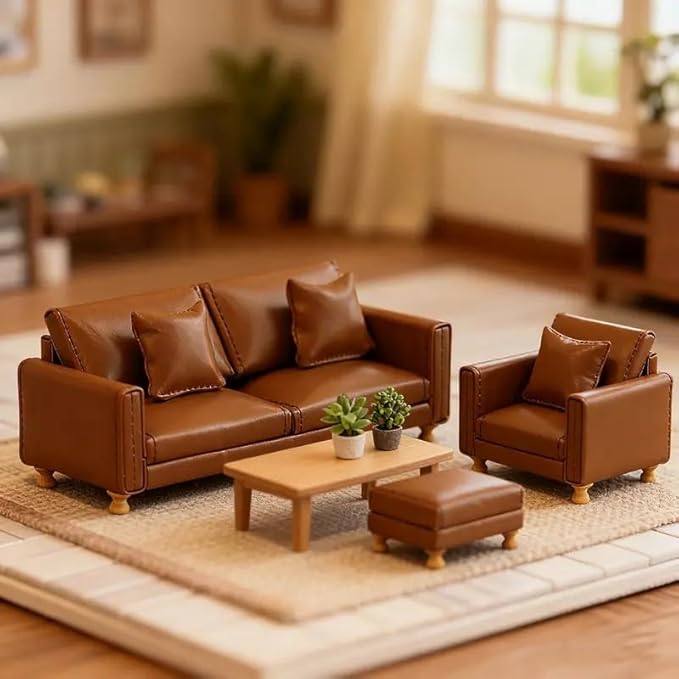 Miniature Dollhouse Leather Couch -1:12 Scale Mini Sofa Furniture Set with Cushions Fit 1/12 Scale Accessories for Doll House Décor and 3 to 6 inches Doll Figure (Brown)