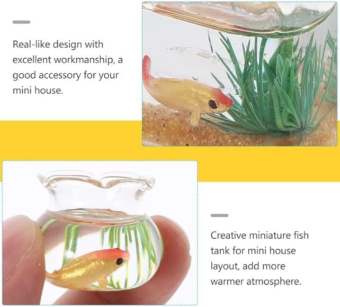 2Pcs Miniature Fish Tank Toy Mini Round Fish Bowls Resin Goldfish Grass for Dollhouse Desktop Craft Project Decor,Mini Fish Bowl,Dollhouse Accessories,Dollhouses Décor