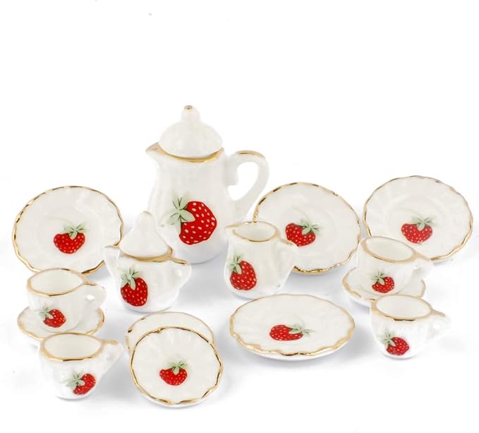 NW 1 Set 15 Pieces 1:12 Ceramics Tea Cup Set Lovely Dollhouse Decoration Set Dollhouse Kitchen Accessories(#7)