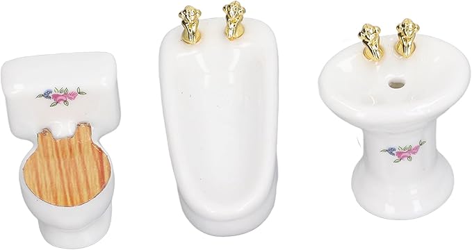 shenruifa 3Pcs Dollhouse Miniature Bathroom Set, 1:24 Ceramic Simulation Bathtub Toilet Sink Dollhouse Bathroom Furniture (Flower Shape)