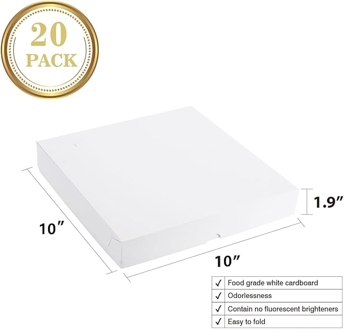 Huoshange Thin Pizza Box-10x10x1.9 Inch 20 Pack Disposable Small Pizza Boxes,White Pizza Boxes for Cookie,Pies, Party Favors and Crafts