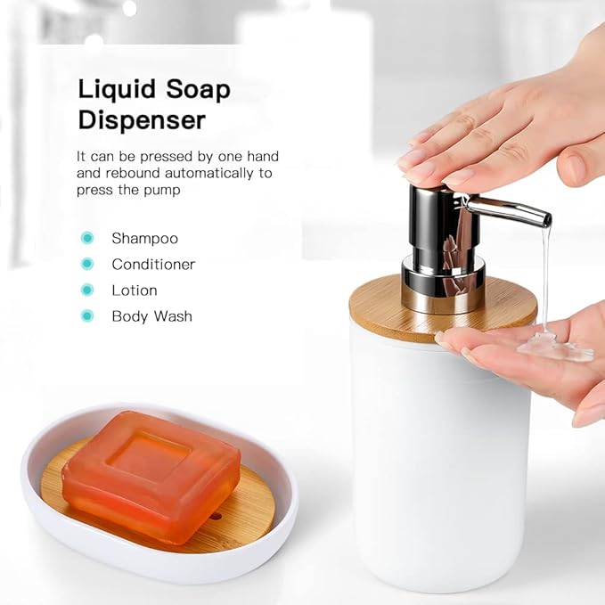 OTOSTAR Bathroom Accessories Set 8-Piece Bamboo Gift Set Bathroom Accessory Set with Trash Can 2 Qtip Holder Jars Soap Dispenser Toothbrush Holder Tumbler Cup Soap Dish Toilet Brush Holder (White)