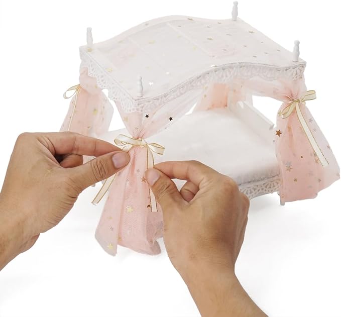 Odoria Dollhouse Princess Bed Miniature: 1/12 Scale Queen Bed Fluffy for 6 inch Dolls Bedroom - Mini Bedding Furniture with Luxury Canopy Pink