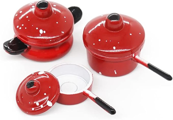 Odoria 1/12 Miniature Pots and Pans Dollhouse Cookware Accessories, Red