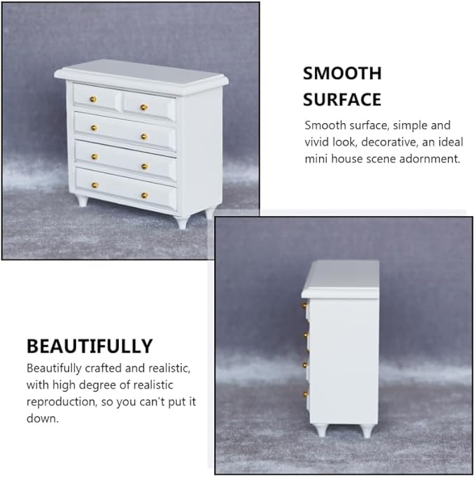 1:12 Dollhouse Miniature Furniture, Solid Wood Cabinet with White Drawers, Mini House Decor for Living Room and Bedroom Scenes, 3.81 X 3.42 X 1.65 Inches