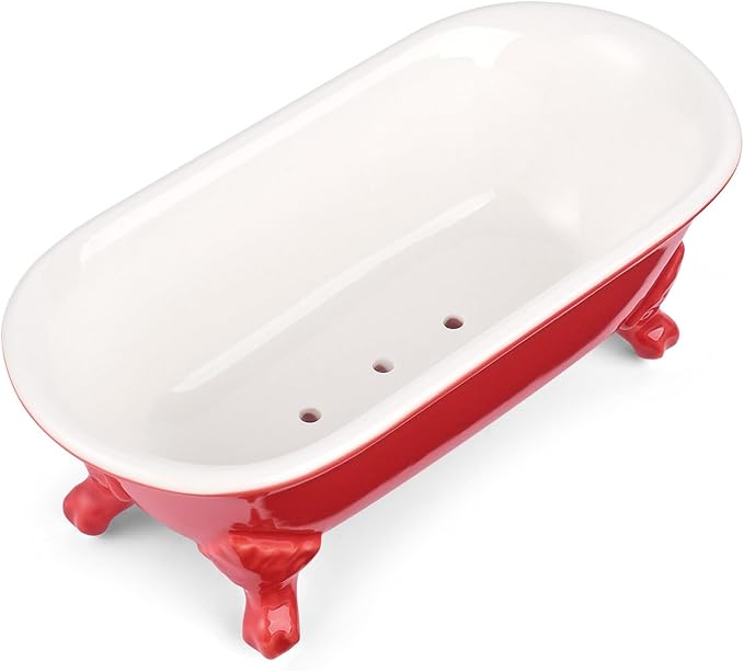 NEWHENGS 6.5" Ceramic Mini Decorative Clawfoot Bathtub Bar Soap Dish, Kitchen Sponge Holder and Shower Tray for Bathroom, 1 Pack(Chili)