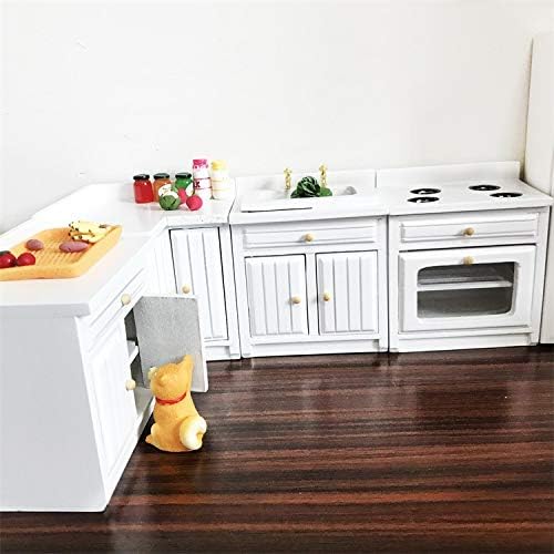 SXFSE Dollhouse Decoration Accessories,1:12 Dollhouse Miniature Furniture Wooden Kitchen Cabinet Set Freely Combined (White)