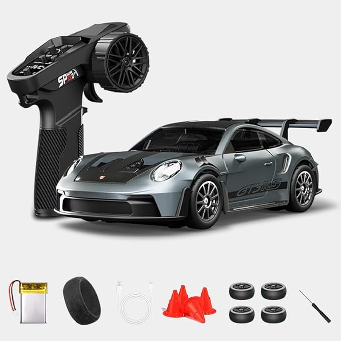 1:43 RC Drift Car D43-01 - 2.4G Full Proportional 4WD Alloy 20KM/H High Speed RC Racing Car with Gyro, Silent Bearings, Adjustable Speed & Lighting(Q10/Grey/D43-01)