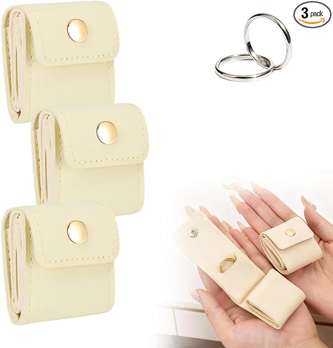 Leather Mini Travel Jewelry Bag, Portable Foldable Mini Travel Jewelry Roll Bag with Buckle, Small Jewelry Box for Travel Essentials, Earrings, Rings, Necklaces (3, Light Yellow)