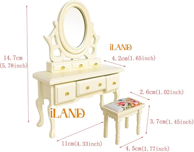 iLAND Wooden Dollhouse Furniture 1/12 Scale, Dollhouse Bedroom Furniture in Cream Color incl Dollhouse Bed & Dressing Table & Wardrobe (Elegant Miniature Furniture 6pcs)
