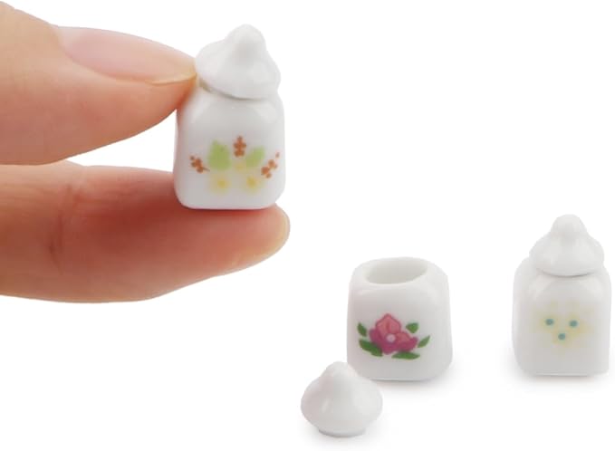 Dollhouse Seasoning Jar Miniature Sugar Shaker Candy Food Model Jars Set Dollhouse Ornament Mini Scene Accessories Restaurant Candy Simulation 1:12 Scale Kitchen Food Accessories (Pink Flower)
