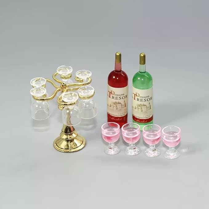 Dollhouse Accessories Mini Wine Bottles Sets with Rack - 1/12 Scale Accessories for Beer Mini Champagne Bottles, Including 1/6 Scale Display Stand(Pink Color)
