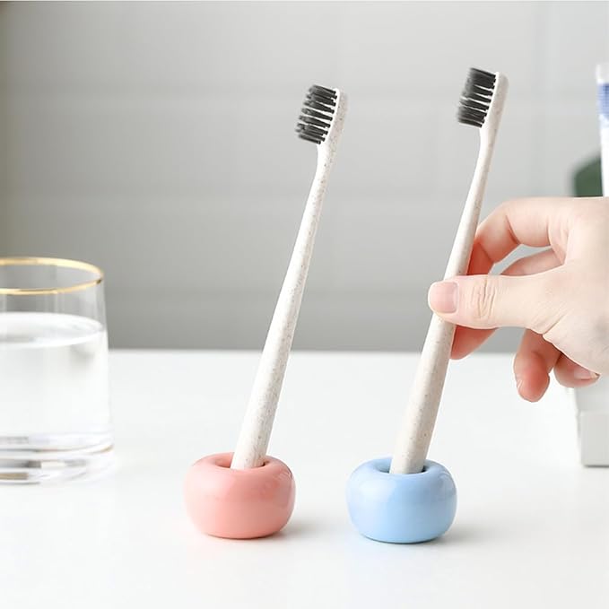 HalfofLife Mini Ceramics Toothbrush Holder Stand for Bathroom Vanity Countertop, Handmade Couple Toothbrush Head Holder, Shaver Holder and Office Pen Holder, Pink&Blue, Pack of 2