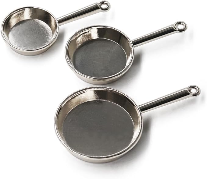 Odoria Dollhouse Frying Pan Miniature: 1/12 Scale Skillet Cookware for Kitchen Restaurant - Mini Kitchenware Cooking Utensils Metal Silver 3Pcs